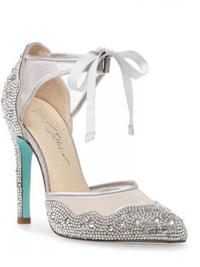 Betsey Johnson Silver Crystal Pointed-Toe Ankle-Tie Pumps with Teal Heel